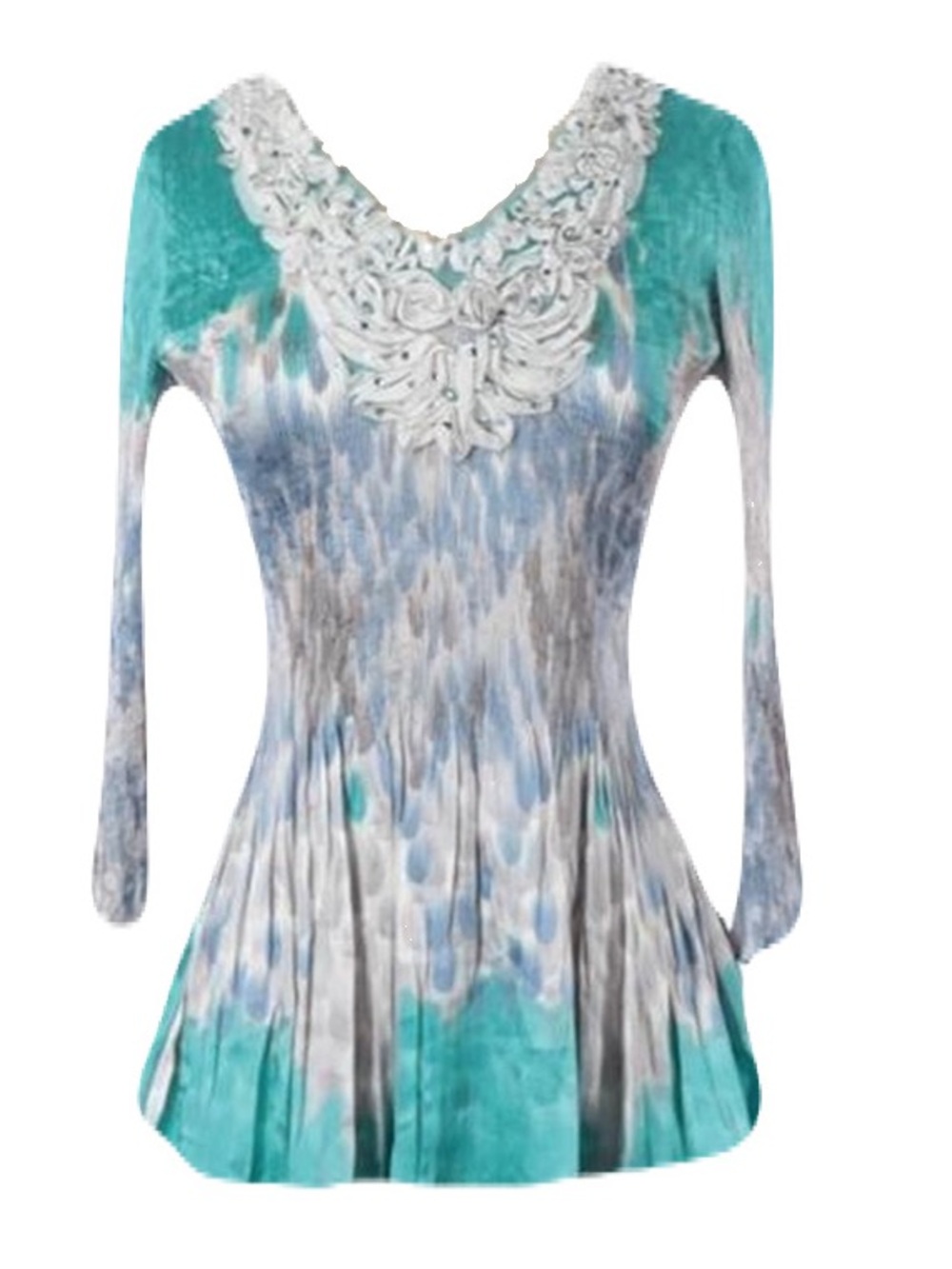 Women's Teal & Gray V-Neck Lace Trim Long Sleeve Top
